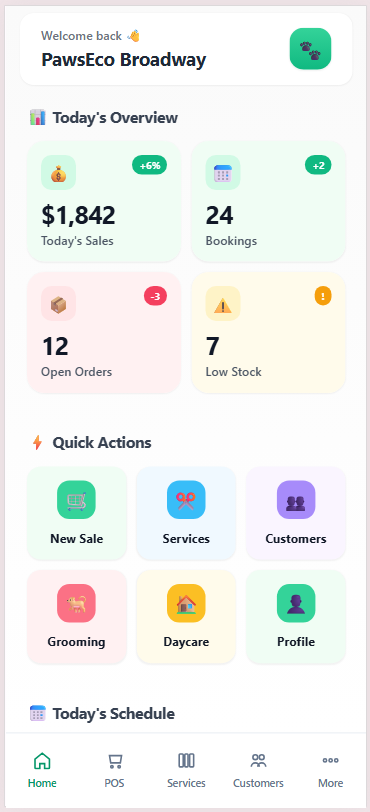 PawsEco mobile app — Home screen